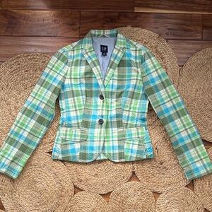 GAP Women's Blue and Green Plaid Blazer